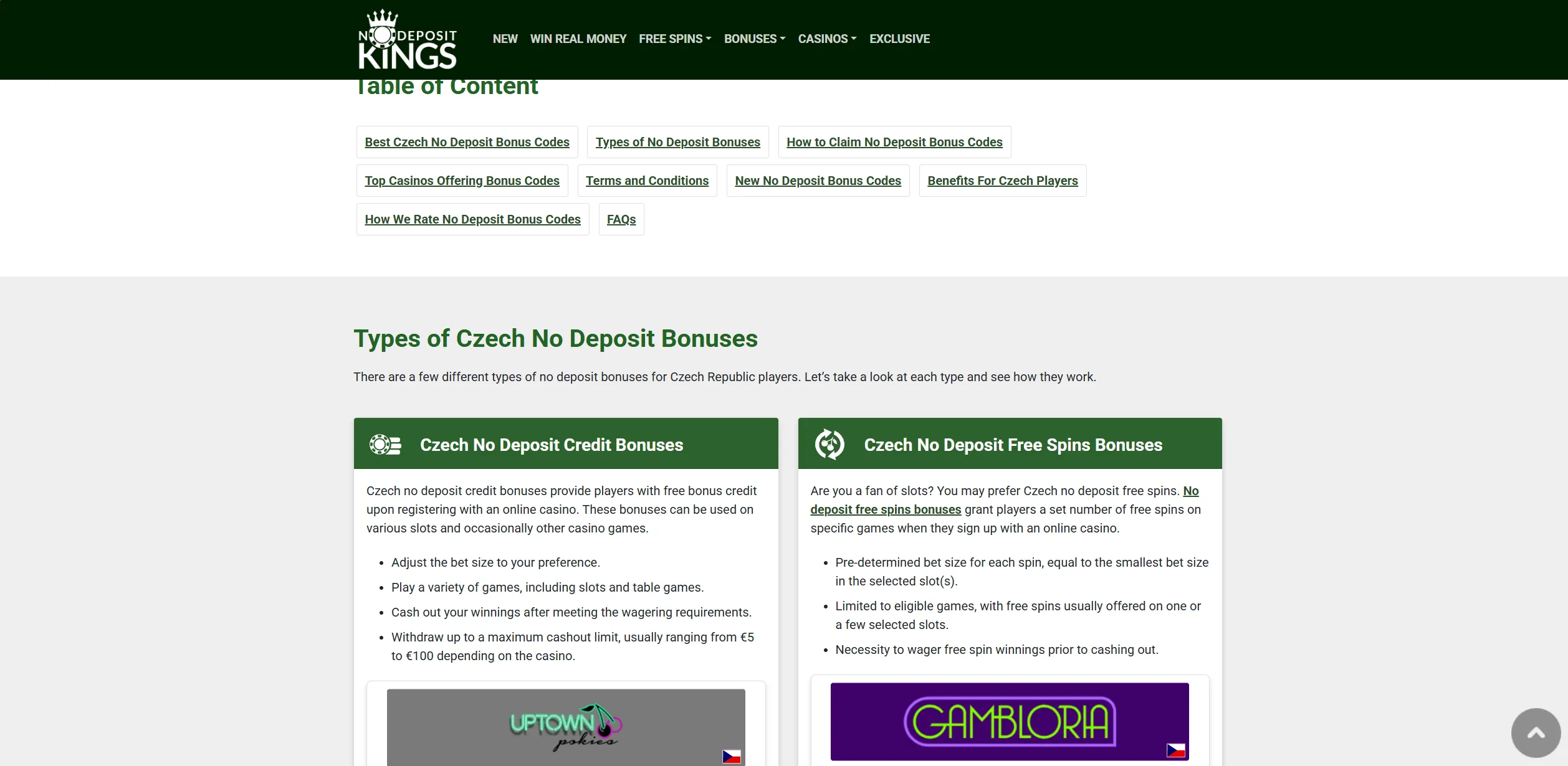 Screenshot of Nodepositkings.com - Best Czech No Deposit Bonus Codes